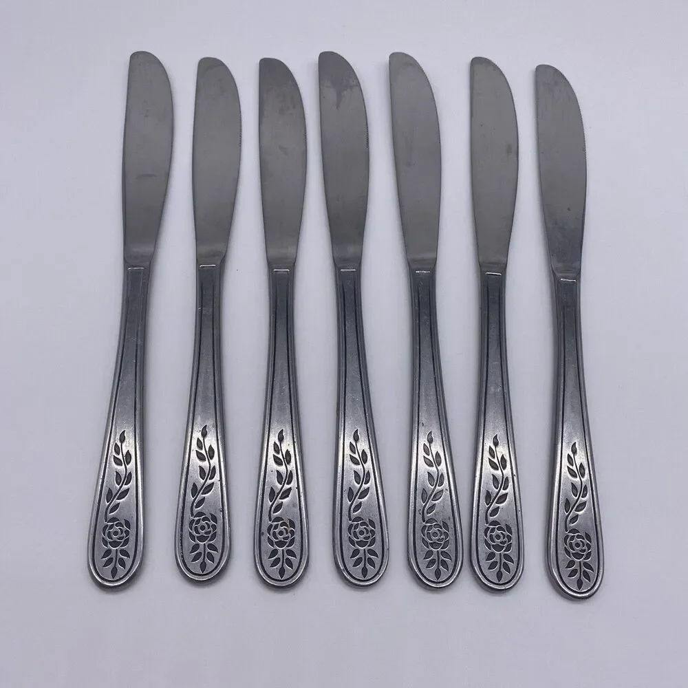 Rogers Oneida Rose Scroll Dinner Knives Set of 7 8.5” Stainless Korea
